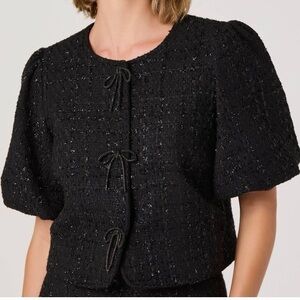Black Tweed Puff Sleeve Bow Jacket